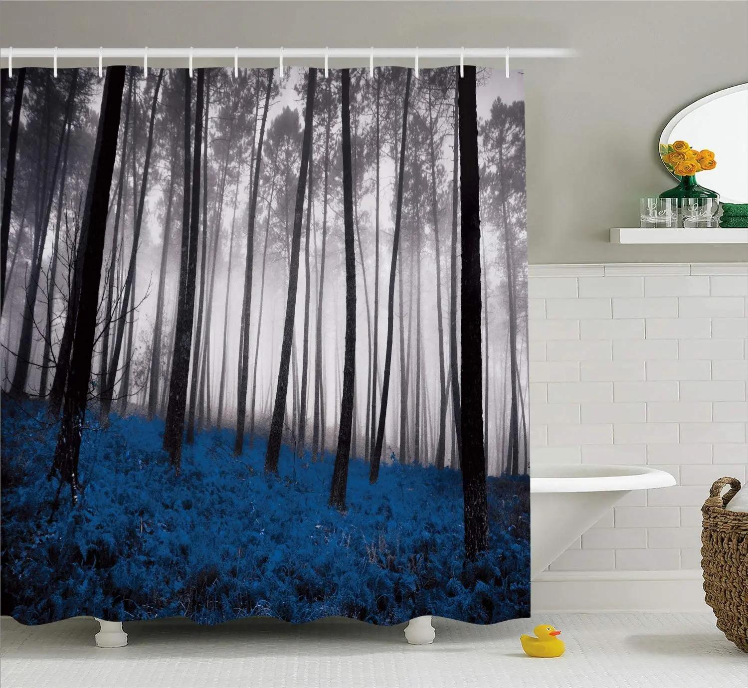 

Forest Shower Curtain Mystical Fantasy Woodland Under Heavy Fog Tall Trees Bushes Contrast Colors Cloth Fabric Bathroom Decor W90XH180cm