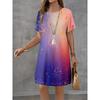 Colorful Gradient Printed Women's Dress, Summer Short-sleeved Round-neck Casual Skirt