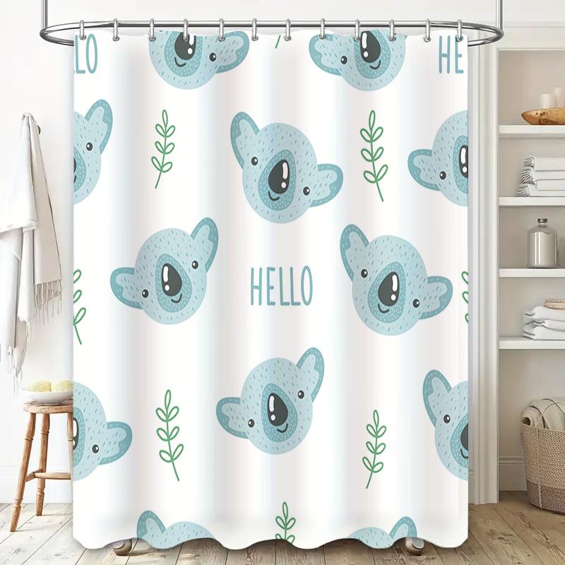 Adorable Koala Blue Shower Curtain Set for Bath Decoration Hello Text Green Branches Pattern Home Decor Waterproof Fabric 72''x8