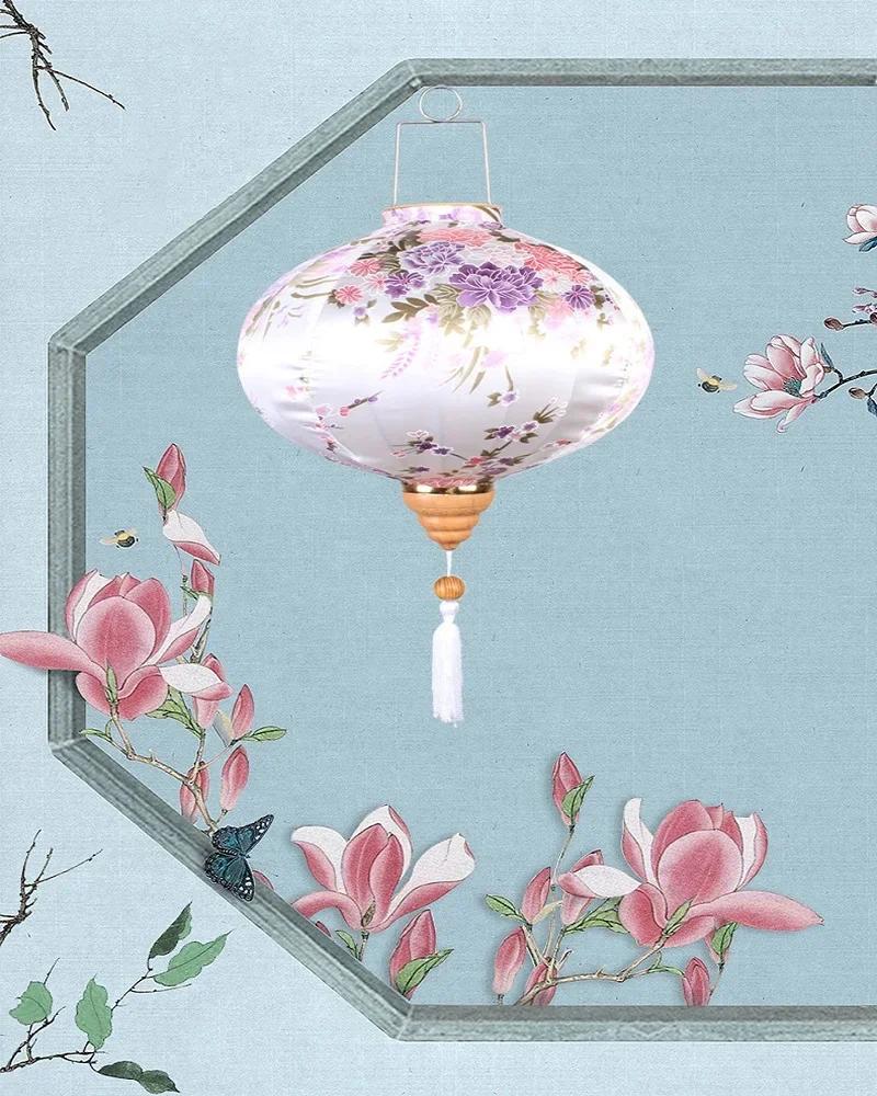 Chinese Style 12/14Inch Retro Floral Printed Silk Lantern Japan Vietnam Traditional Lantern for New Year Wedding Festival Decor