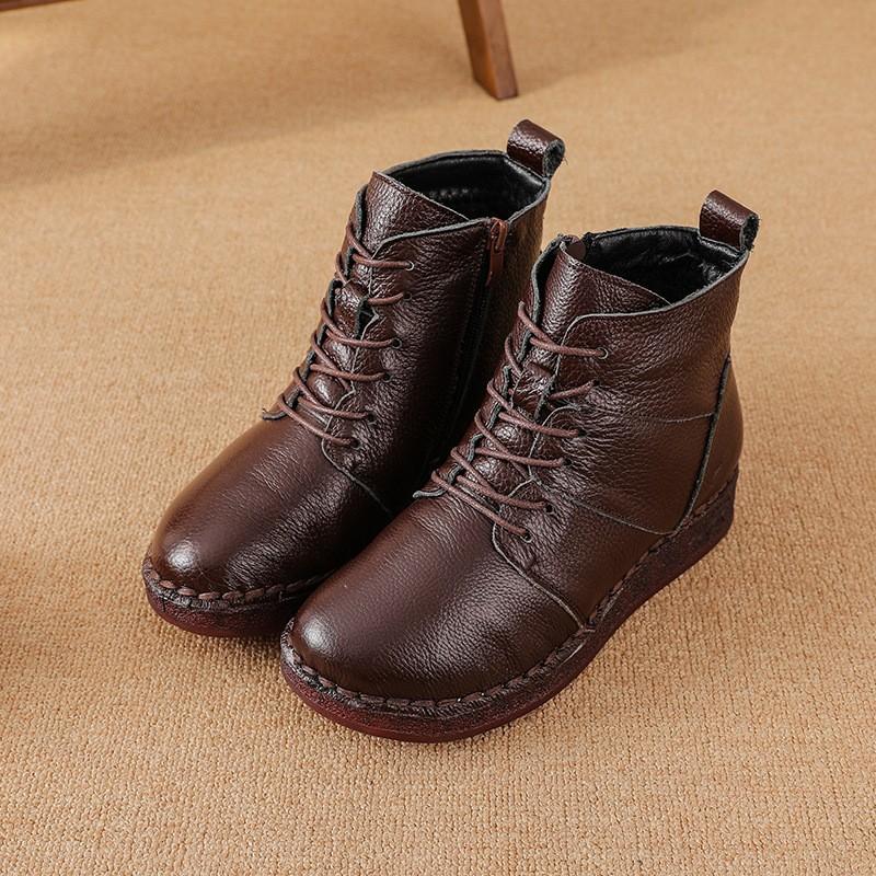 First layer cowhide soft-soled short boots single boots autumn and winter velvet breathable flat-soled cotton boots retro leather Martin boots