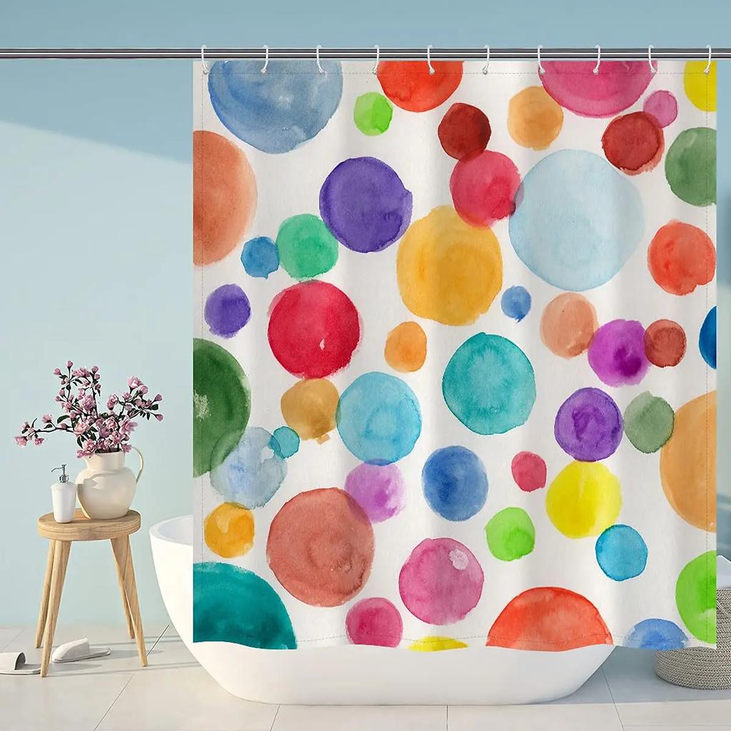 Cute Colorful Red Polka Dot Circle Shower Curtain,Rainbow Bathroom Shower Curtains With Hooks,Waterproof Funny Bathroom Curtains