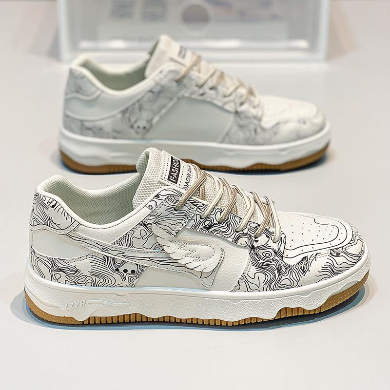 Guochao Design Thick Baseplate Shoes Fashionable Low-Top Leather Surface Breathable Casual Shoes Men'S Shoes