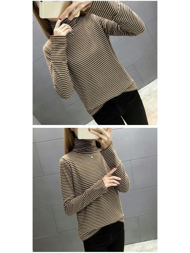 Women's Striped Fleece-Lined High Neck Base Layer Shirt - Long Sleeve Turtleneck Top for Fall/Winter