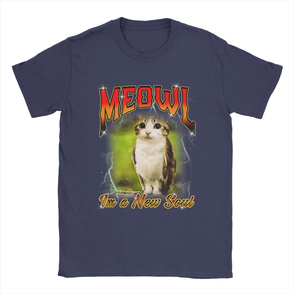 Humor Cat Owl Funny Cursed Internet Brainrot Bootleg Meowl TShirts Men 100 Cotton T Shirts Short Sleeve Plus Size Clothing