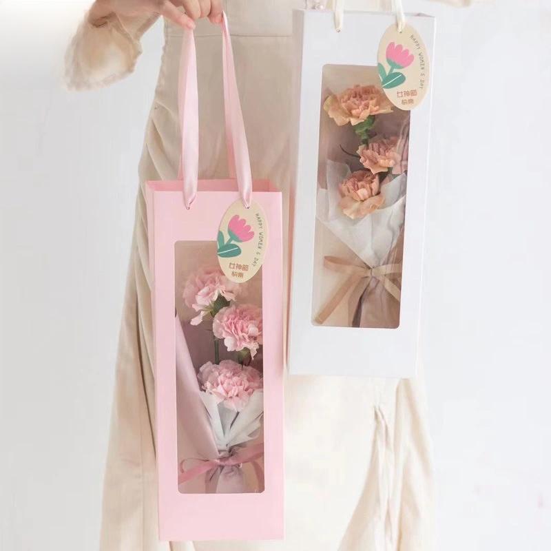 10Pcs Paper Transparent Flower Packaging Bags White Pink Single Rose Bouquet Window Box for Mothers Day Valentines Day Weddings