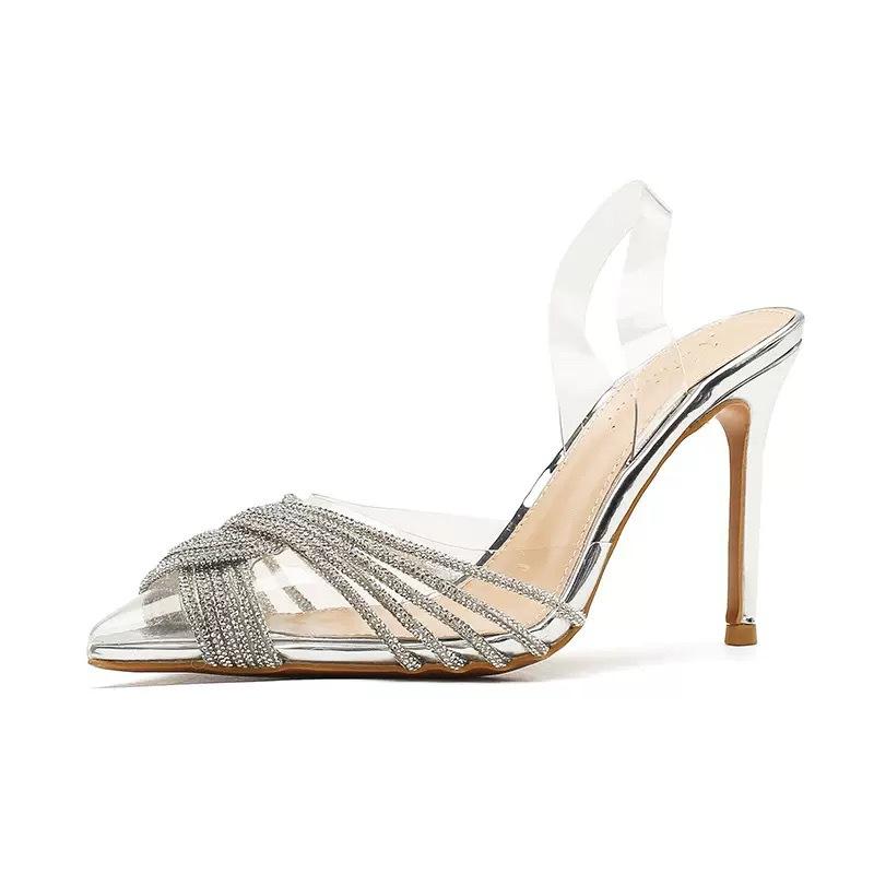 Spot L-112 Huizhou Women's Shoes 2025 Summer Pointed Versatile Not Tired Feet Sandals Rhinestone Transparent Stilettos