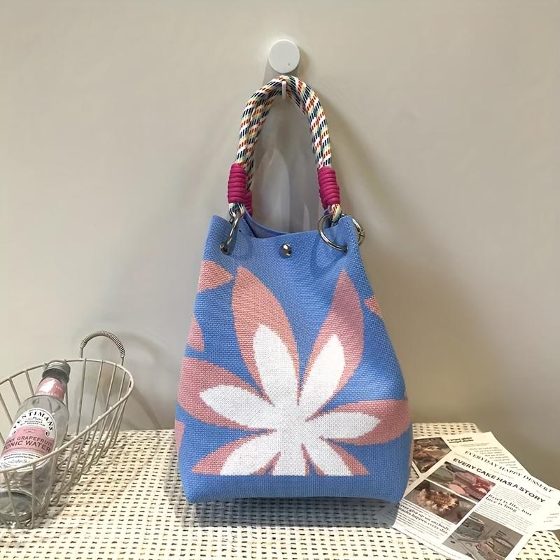 Women's Knit Bucket Bag with Magnetic Closure & Adjustable Rope Handles - Large Capacity Mixed Color Heart Pattern Tote, Durable Polyester Handbag