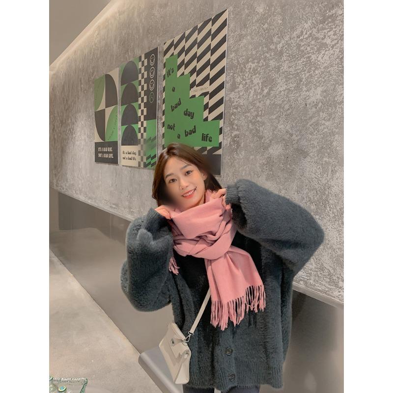 Solid Color Wool Scarf for Women Autumn and Winter Tassel Air Conditioned Room Shawl Green Red Winter Men's Cashmere Scarf