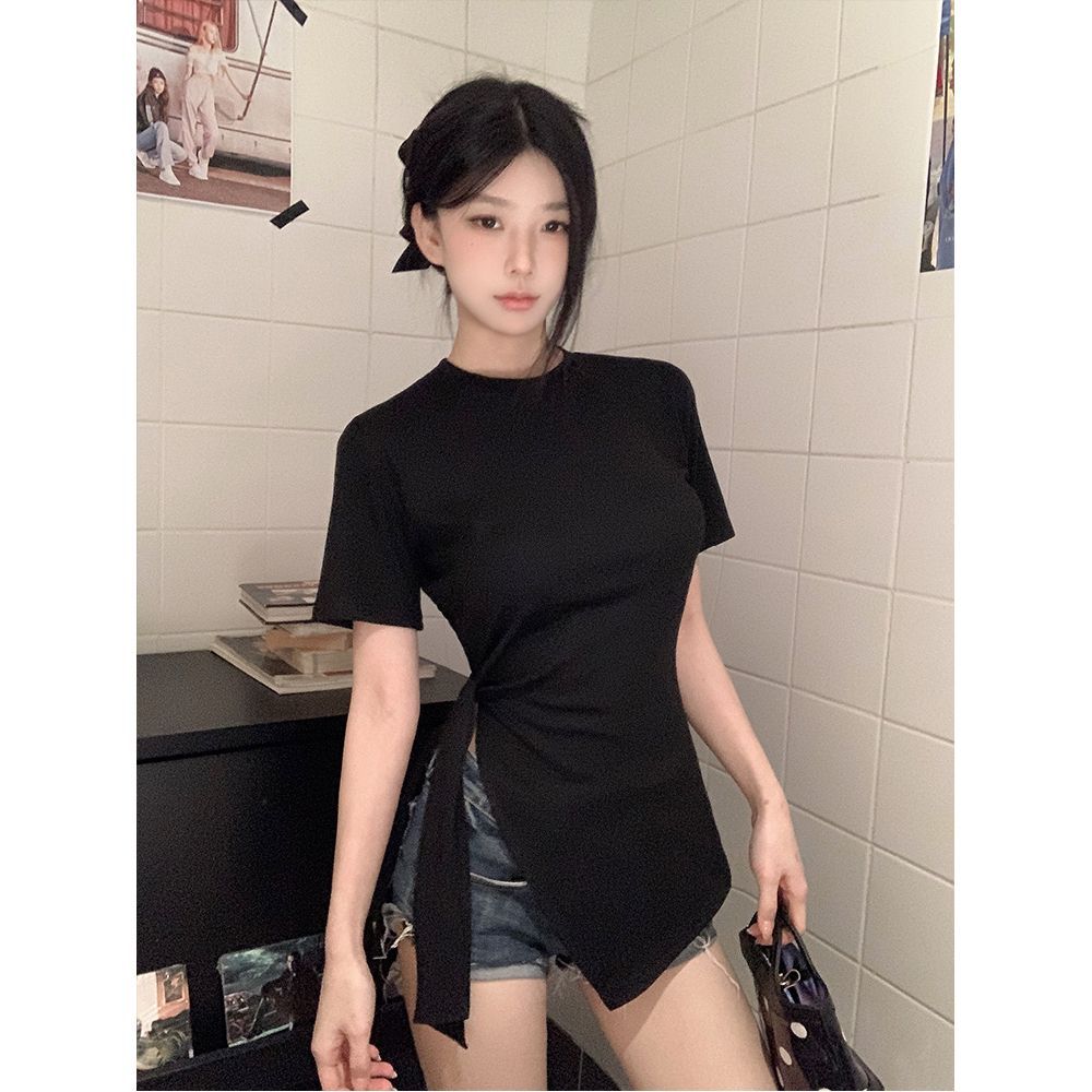 Irregular split-ended short-sleeved T-shirt women's spring new waist pinching and thin pure desire style slim-fitting Spice Girl top tide