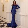 Sequined evening dress women's   new European and American feather long-sleeved banquet party long dress toasting clothes