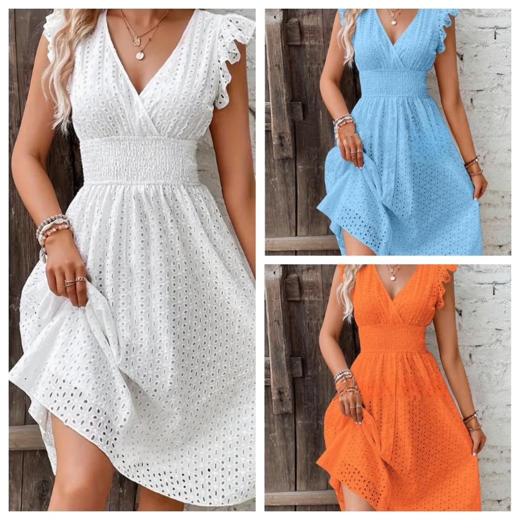 Elegant Plus Size V-Neck Hollow-Out Dress with Lotus Leaf Sleeves