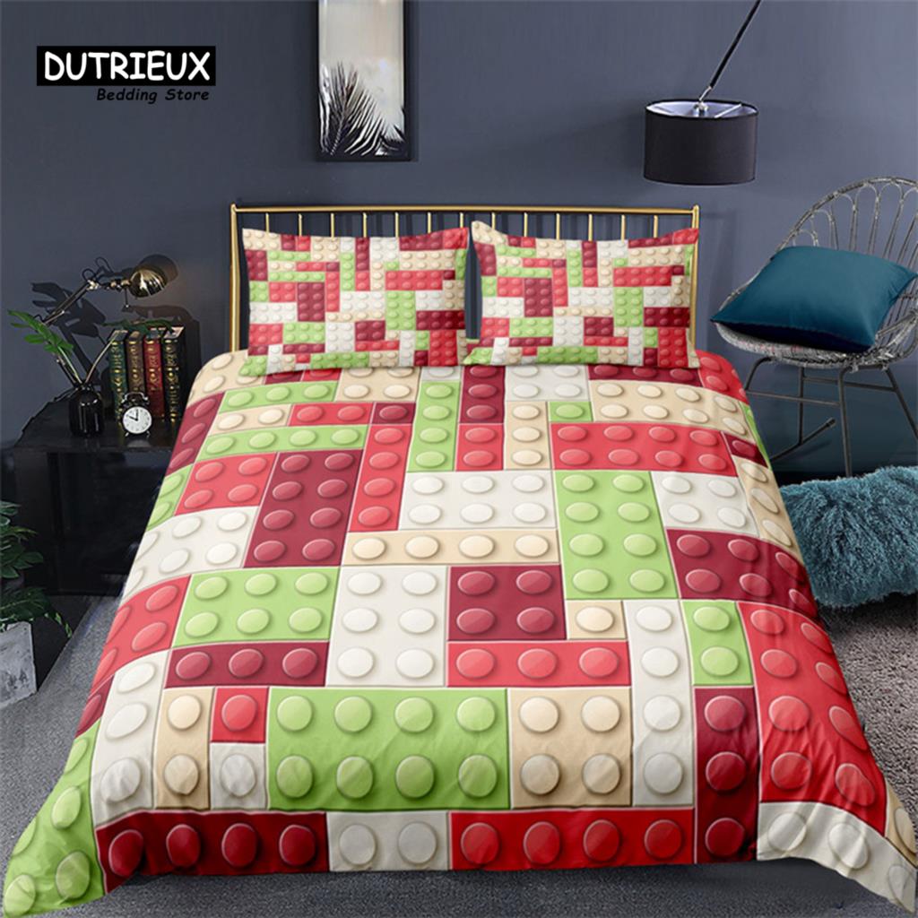 Colorful Toy Duvet Cover Funny Building Blocks Bedding Set With Pillowcases For Toddler Kids Teens Boys Girls Gift Bedroom Decor