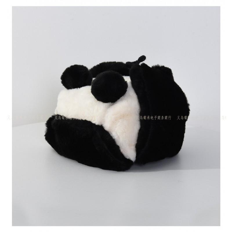 Cute Black White Panda Faux Fur Earflap Beanie Hat Women Winter Warm Ski Cap Student Style