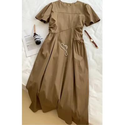 Women's Summer Solid Color Elegant Temperament Dress Round Neck Simple Commuter Long Dresses