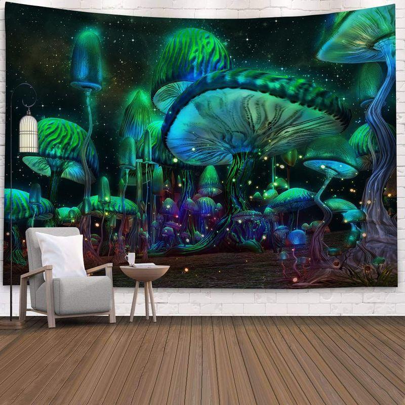 Mushroom Forest Tapestry, Peach Skin Velvet Background Fabric, Polyester Digital Printing Wall Carpet, Room Decoration Hanging Fabric