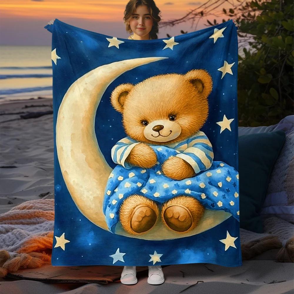 Pc Sweet Teddy Bear Moon Night Sky Fleece Blanket Starry Dream Soft Cozy Throw for Kids Bedtime Gift