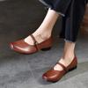 Johnature Buty Mary Jane w stylu retro. Damskie czółenka z prawdziwej skóry. Wszechstronne buty na niskim obcasie z okrągłym noskiem