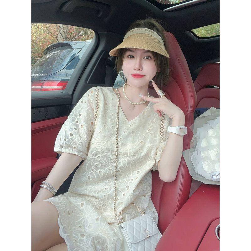 

Women s V Neck Water-Soluble Cut Out Short Sleeve Dress Beige White S