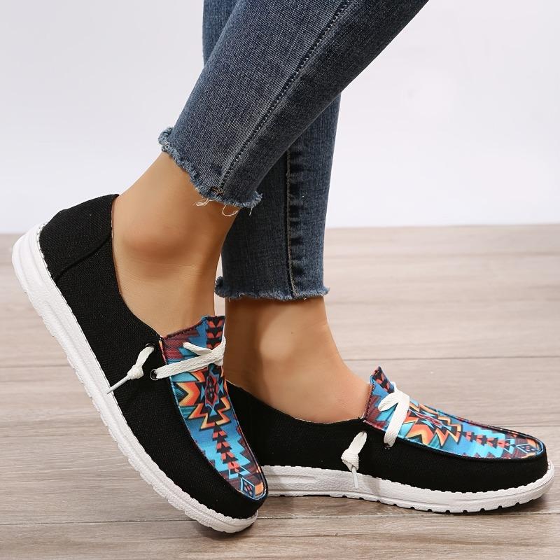 Women'S Black Geometric Slip-On Loafers - Casual Fabric Upper with Vibrant Teal, Orange Brown Pattern, Round Toe Design, Comfortable EVA Sole