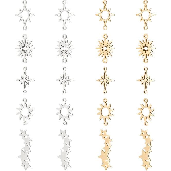 DICOSMETIC 20Pcs 5 Styles Star Link Charms Stainless Steel Link Pendnats Golden Hollow Sun Link Connector with Double Loops for DIY Jewelry Making,