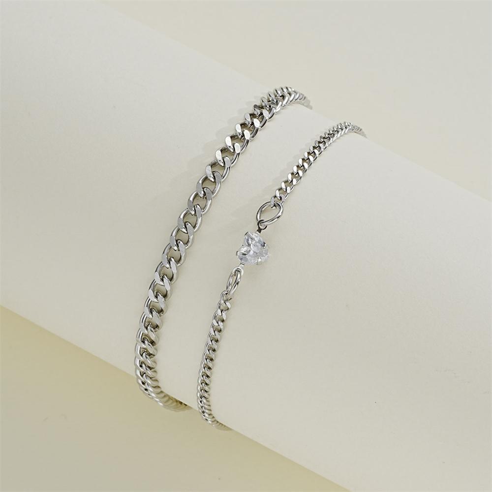 2PCS Simple Fashion Stainless Steel Bracelet Set for Couple Unisex Women Men Lover Crystal Heart Silvery Chain Bracelets Jewelry