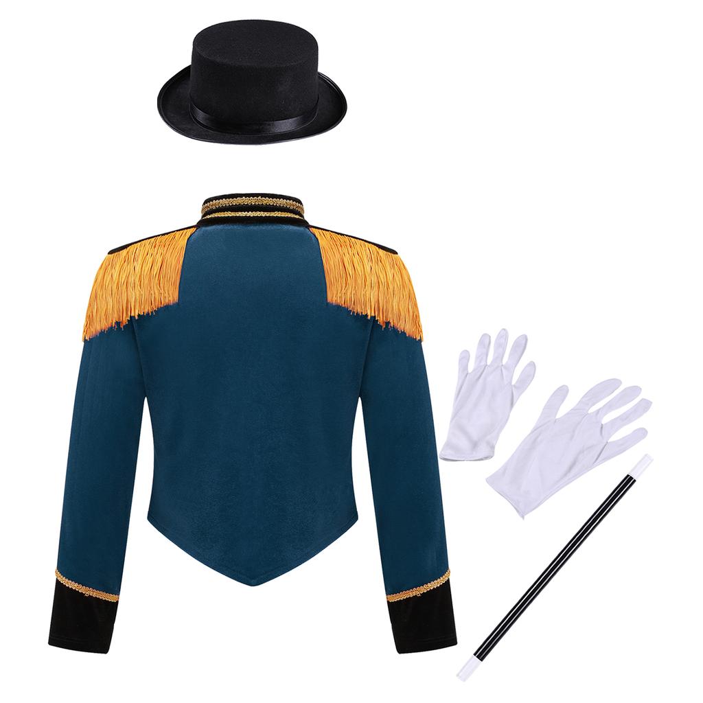 Kids Ringmaster Costume Set Long Sleeve Stand Collar Tassel Shoulder Button Jacket Hat Magic Gloves Halloween Performance
