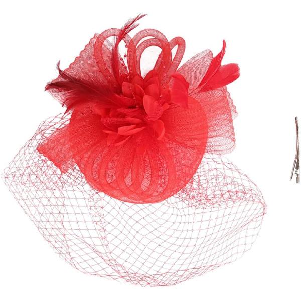 MAGICLULU Fascinator Hat with Mesh Flower and Plume Decoration, Red Cocktail Headband Hair Clip for Women, Tea Party and Wedding Special Occasion