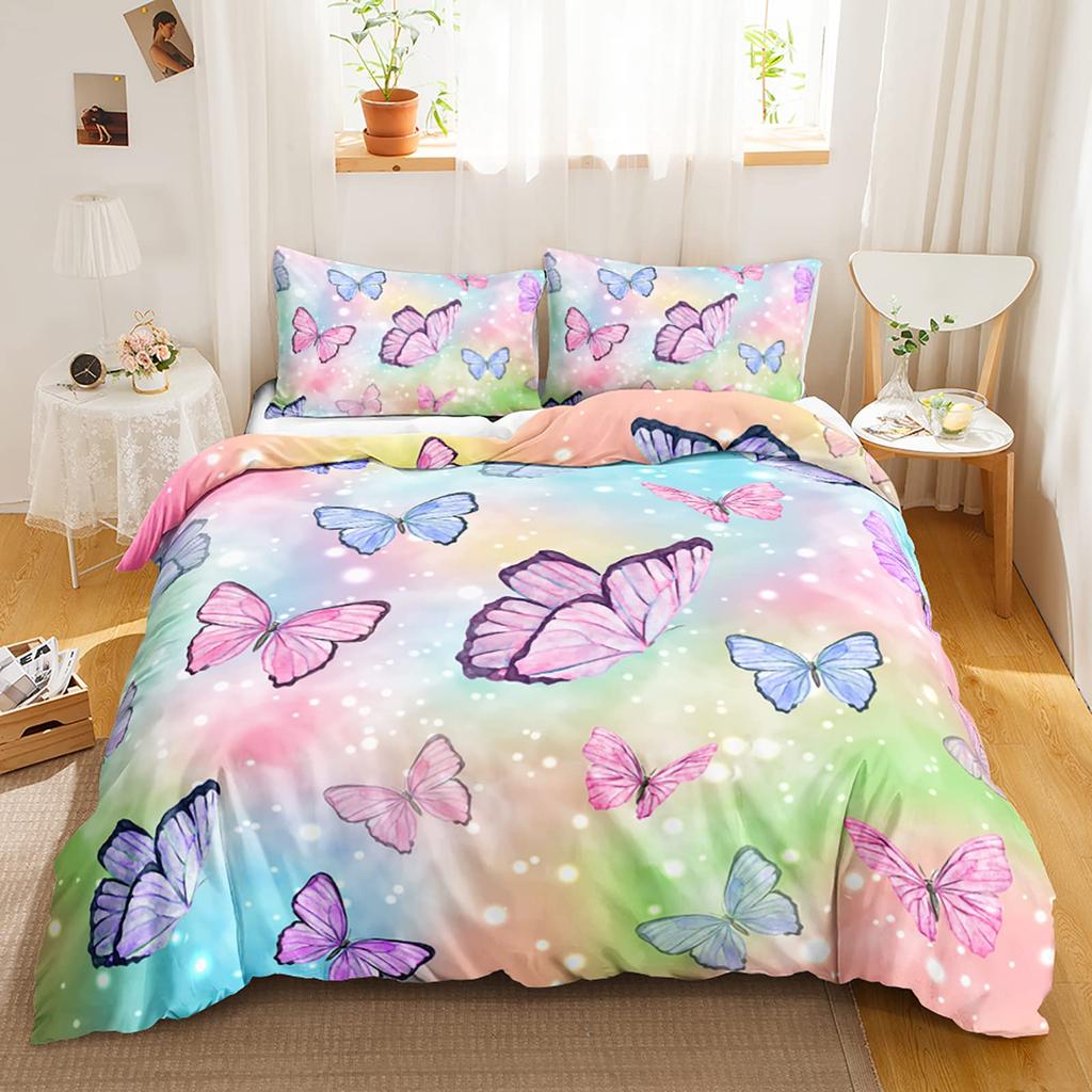 Butterfly Duvet Cover Set Full Size,Rainbow Butterfly Bedding Set For Girls,Rainbow Butterflies Comforter Cover Set,Pink Purple