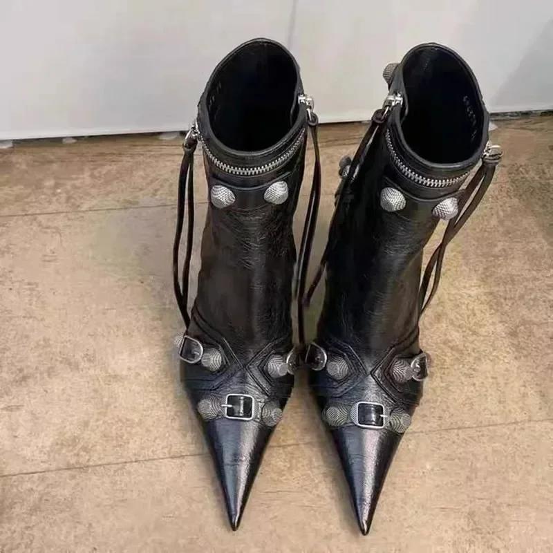 Fashion Hot Sales High Thin Heeled Ankle Boots for Women Metal Decor Rivet Fringed Zip Ppinted Toed Motorcycle Lady Booties Women Shoes