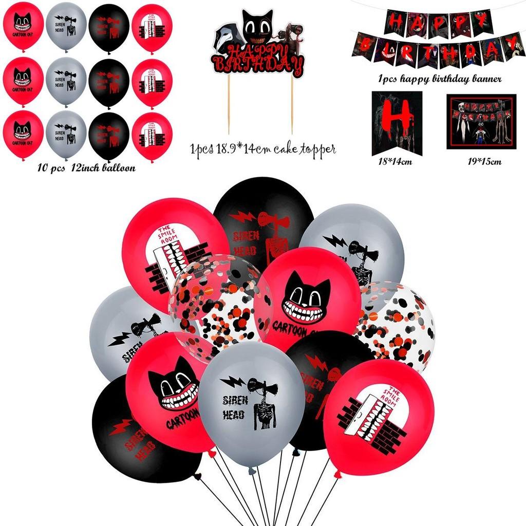 Siren Head Cartoon Cat Horror Theme Birthday Party Balloon Banner Cake Topper Set