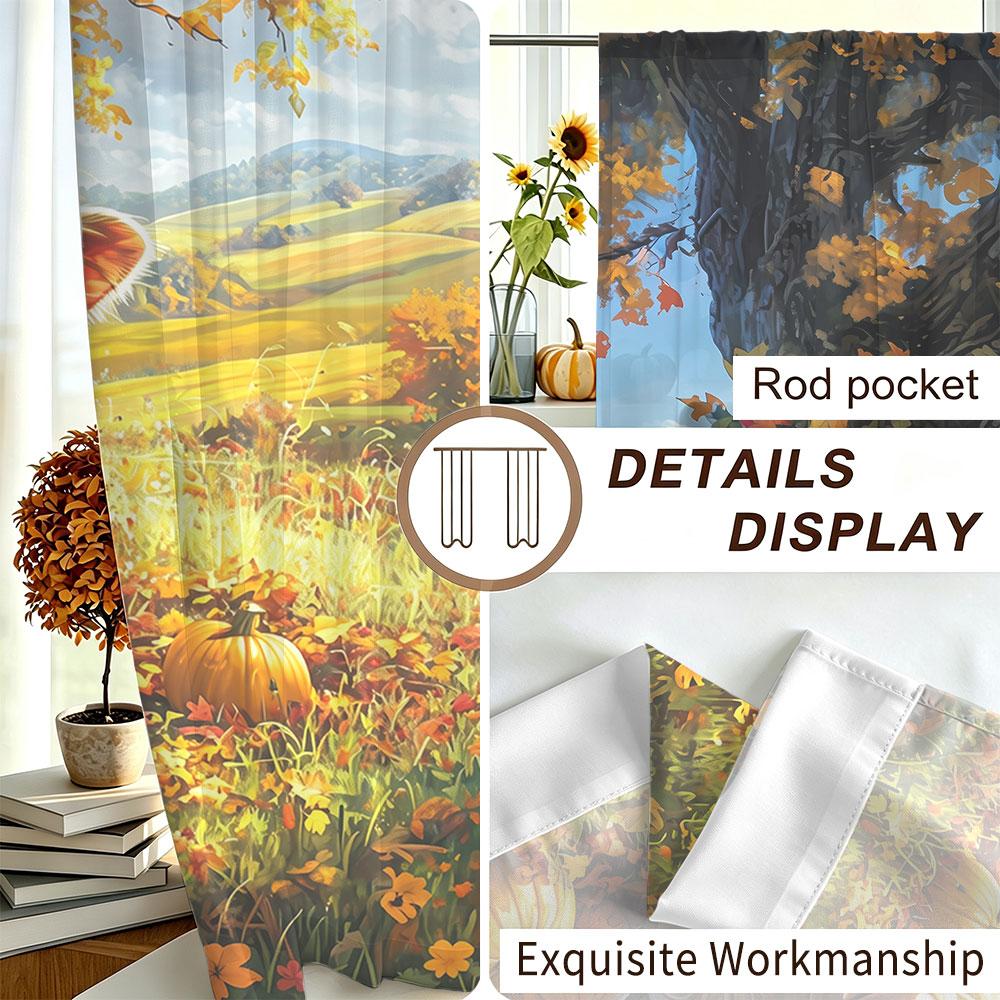 2Pcs Autumn Highland Cow Sunflower Pumpkin Rod Pocket Curtains Double Sided Window Drapes Light Filtering Privacy Curtains fo