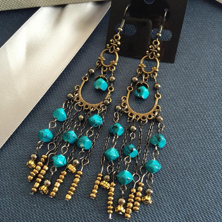 Vintage Celebrity Earrings Fashion Exaggerated Bohemian Tassel Pearl Bronze Long Beaded Earrings