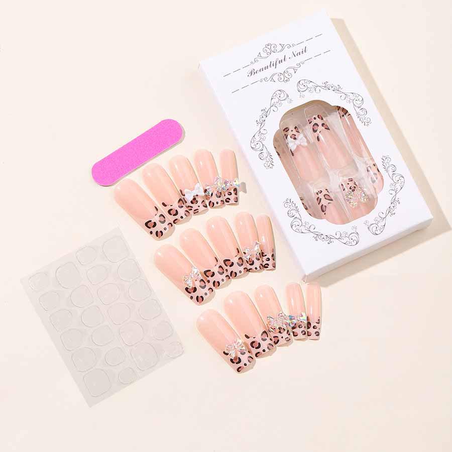 

French Leopard Print Bow Nail Patches - Long Wearable Tips