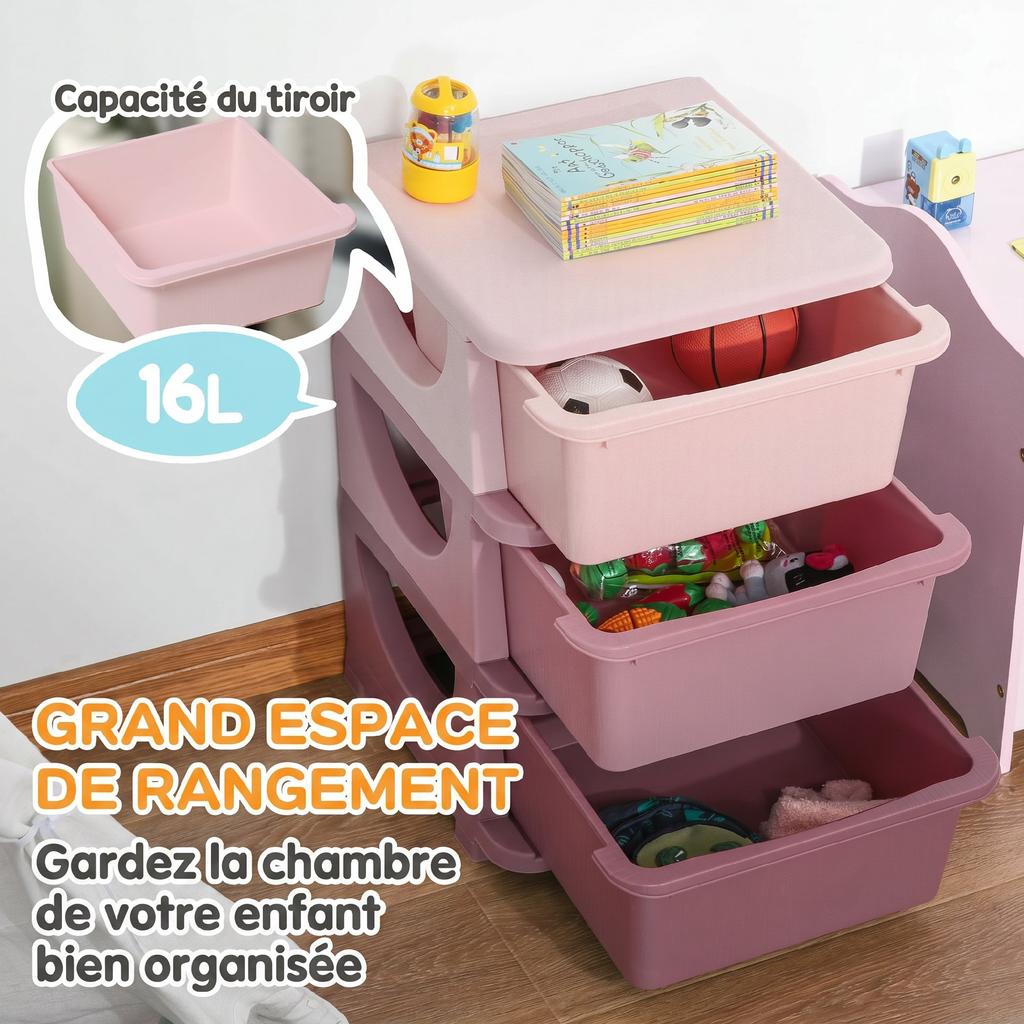Children's Toy Organizer, 3-Tier Drawers, Plastic Boxes, 37 x 37 x 56.5 cm, Pink