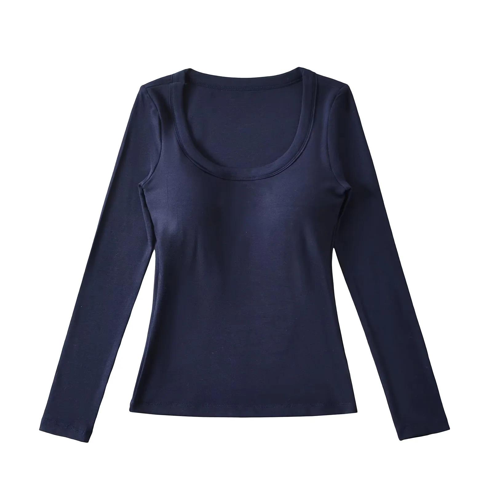 

U-Neck Slim-Fit Long-Sleeve Base Layer T-Shirt with Chest Pads for Women - Autumn Style, Waist-Cinching Hot Girl Top Large темно-синього кольору