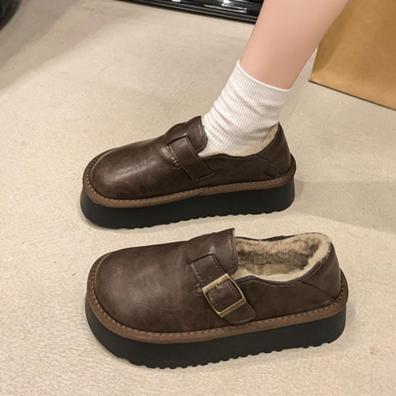 Flats Casual Cotton Shoes Women Loafers Platform Plush Warm Winter Retro Soft Leather Sneaker 2024 Trend Fur Snow Botas Mujer