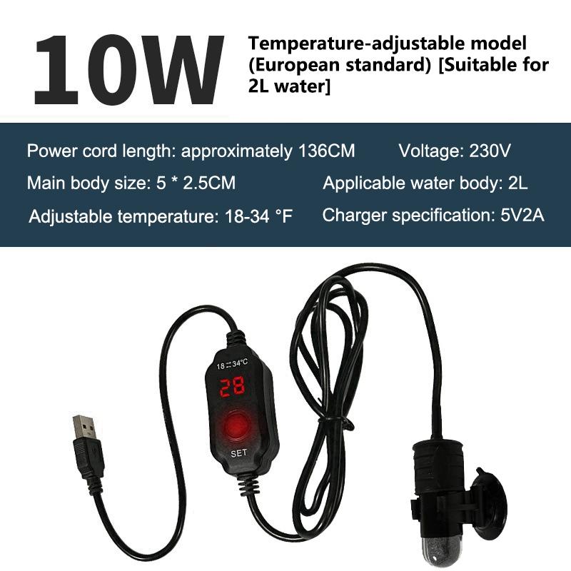 Mini Aquarium Heating Rod Fish Tank Aquarium Heater Submersible Thermostat Heater 18-34°C Adjustable Temperature USB Charging+