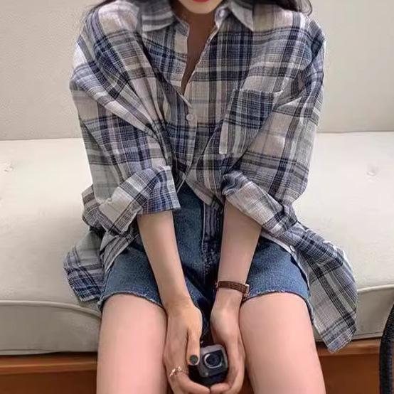 New 2025 Women's Loose-Fit Korean Blue Plaid Shirt Top