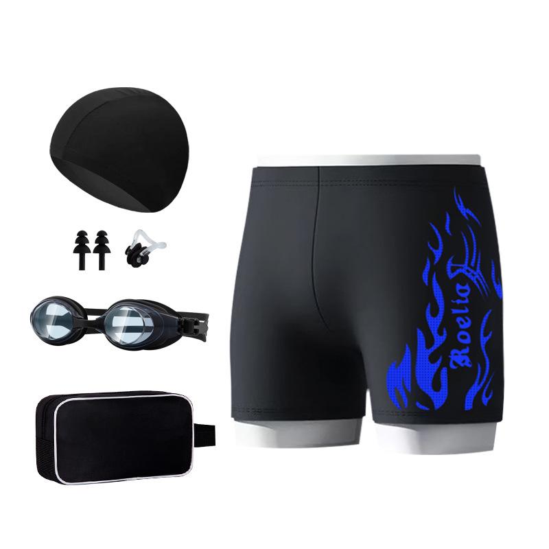 Nylon Flame Men's Swim Trunks & Goggles Set - Quick-Dry Square Leg Training Swimwear