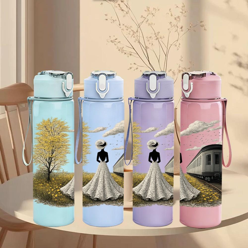 1PC Bride Girl Under Tree Train Scene Print 750ml Color Plastic Sports Water Bottle Leakproof Flip Straw Lid Suitable for Sports Office Home Use