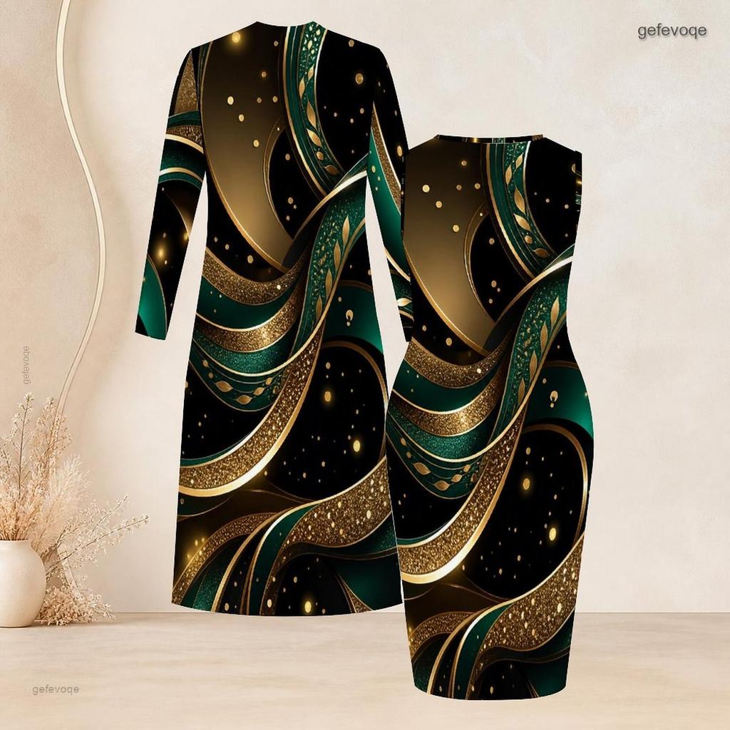 Women Plus Size Two Piece Set Long Sleeve Open Front Cardigan Sleeveless Bodycon Printed Dress Black Green Gold