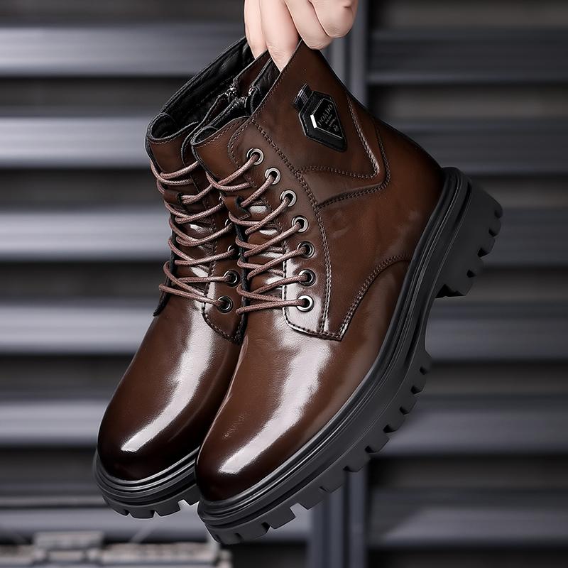 Teplé zimní boty z plyšové kožešiny Nové vysoké pánské motorkářské boty Měkká kůže Šněrovací pánské boty Zimní formální sněhule