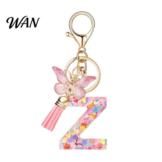 Pocket Keychain Pink Series Pendant, Sequins Heart Initial Letter Charm Key Chain with Everyday Carry Butterfly Tassel Design, A-Z Holder for