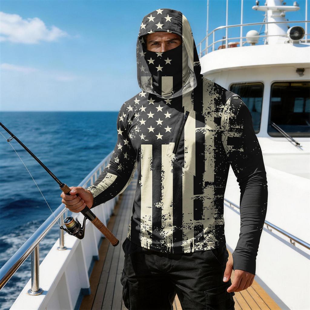 Men’s Casual Hooded Long Sleeve Sun Protection Top with Independence Day Print Lightweight Pullover for Outdoor Activities