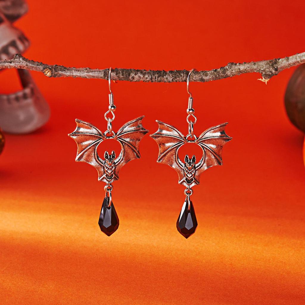 Halloween Bat Crystal Earrings - Gothic Vintage Dangles with Exaggerated European and American Style.