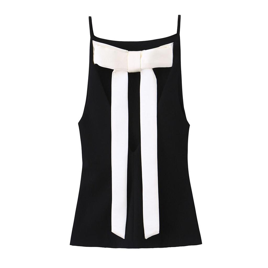 2025 Autumn Women's European & American Style Solid Color Top with Back Bow
