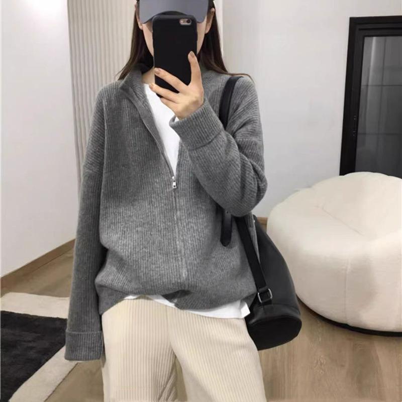 Autumn and Winter New Loose Stand-up Neck Sweater Jacket Women Wear Lazy Style Solid Color Zipper Knitted Cardigan Top