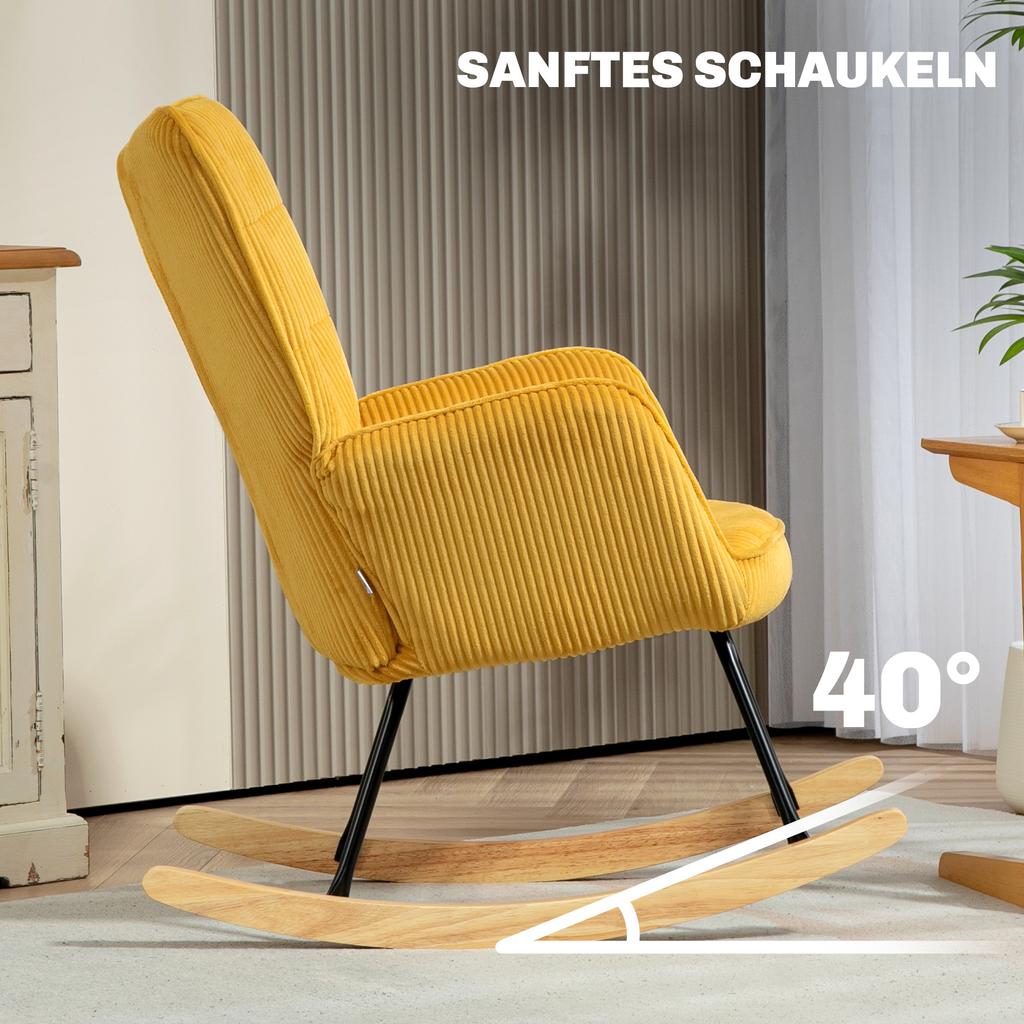 Vintage Rocking Chair, Curved Rockers, Thick Padding, Beech Wood & Steel, Yellow