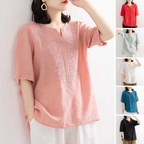 

Летняя рубашка с цветочным узором и вышивкой, топы с v-образным вырезом и коротким рукавом, свободный крой, тонкие пуловеры, однотонные повседневные рубашки, уличная одежда